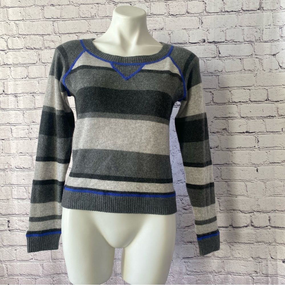 Aqua Cashmere striped Crewneck Sweater blue gray size small